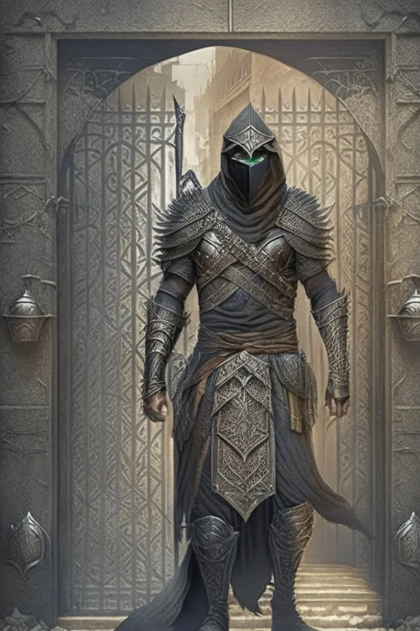 Arab warrior Full Body Full Armored Wearing Face Masculine Mysterious Powerful Fantasy High Quality with his bow black clothes Standing in front of a gate