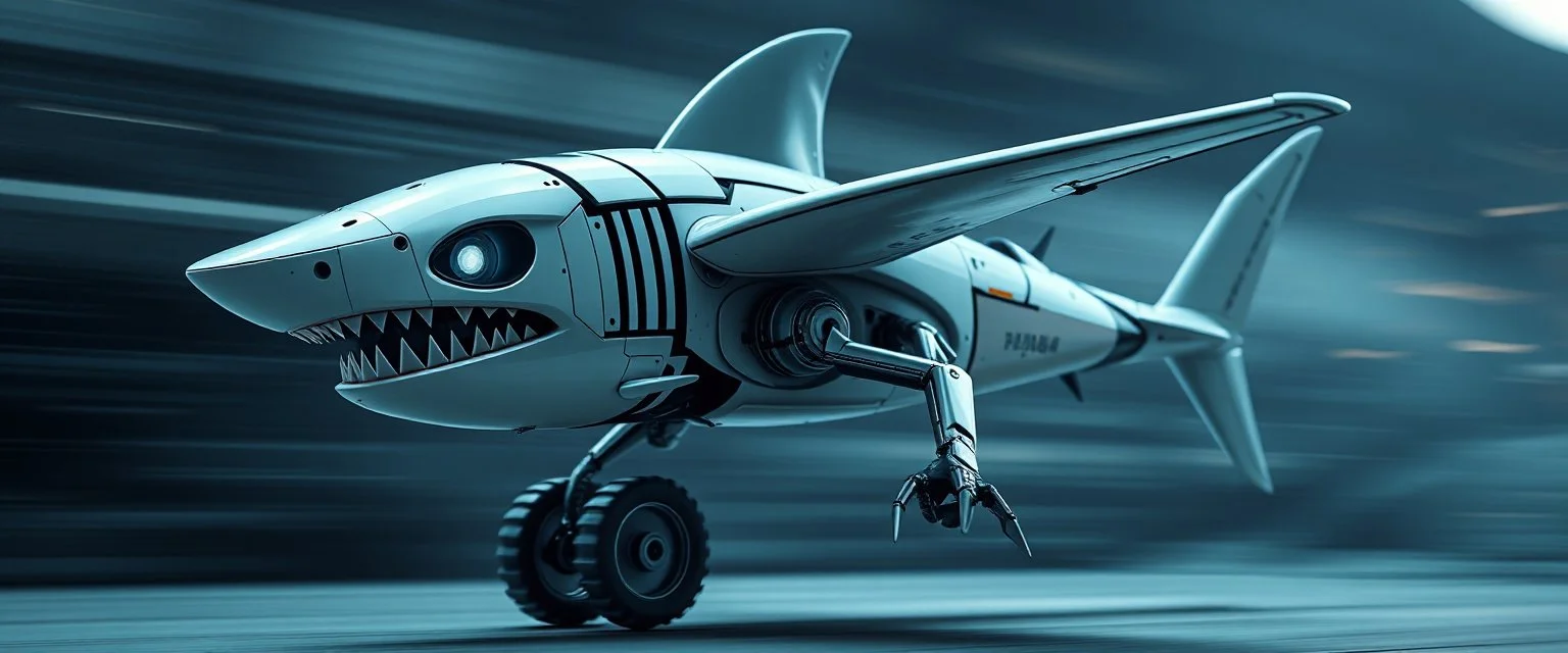 blind contour robot shark bat with no teeth, like space ship fighter jet massage master guru fast moving motion blur background, landing wheel gears