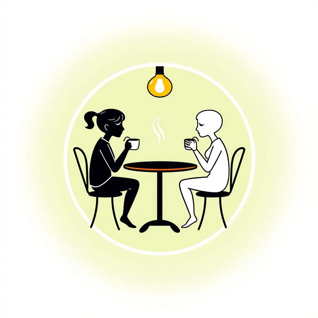 A circular logo for a cafe in a beautiful green color, with two people sitting around a two-person table in the center of the circle, drinking coffee, and the cafe light above the table is on, with each person's head resembling a coffee cup.