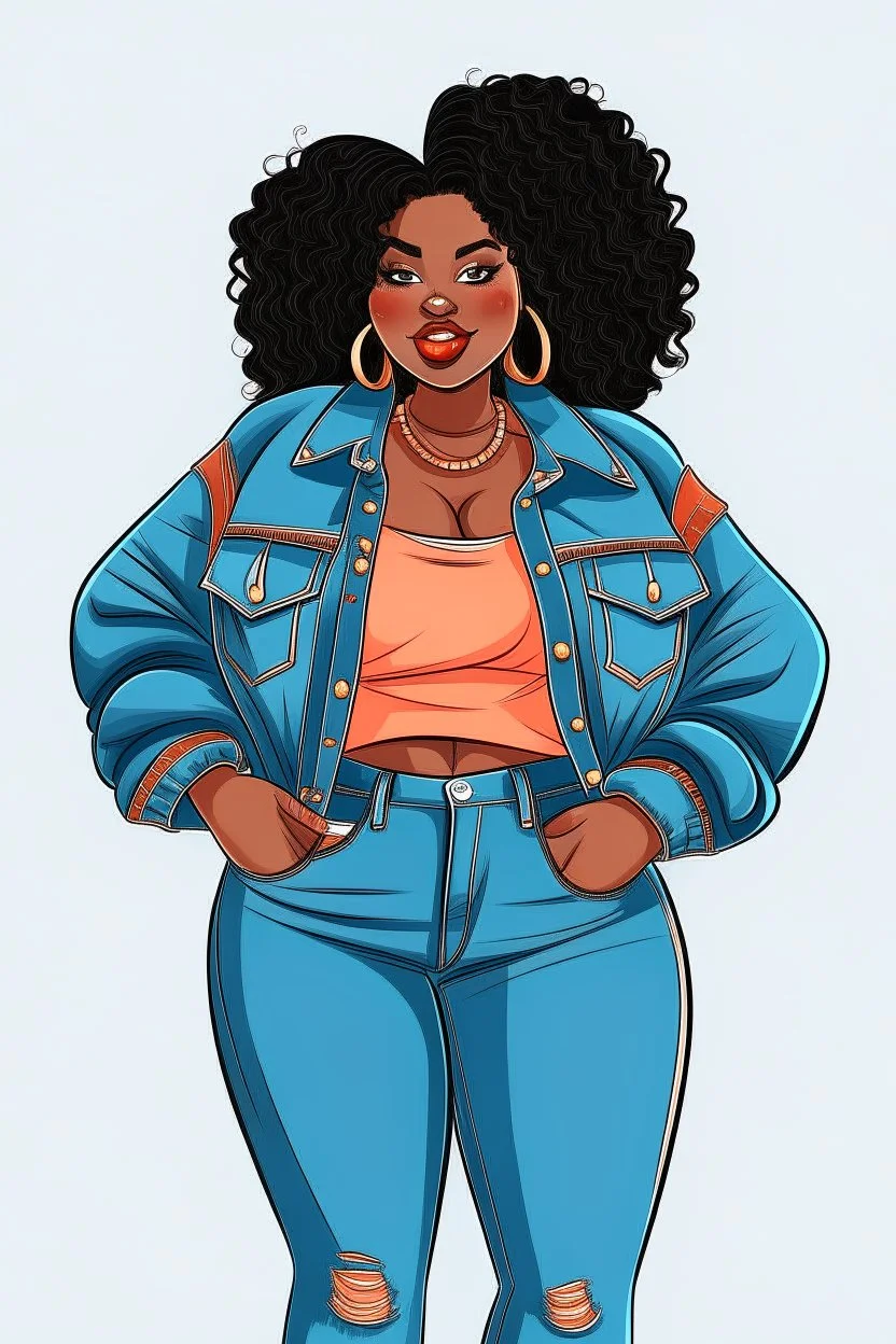 Create a stylish and empowering hand-drawn illustration of a black curvy woman showcasing confidence and beauty while wearing jeans.