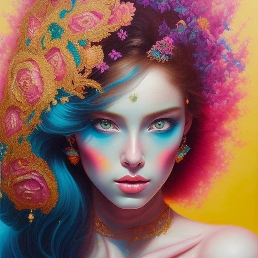 iv_a painting of a young woman, figurative art, an acrylic detailed painting,art style by Harumi Hironaka, turquoise pink and yellow, james terrell art, trending on artstation, soft lines,intricate art by bastien lecouffe deharme and greg rutkowski