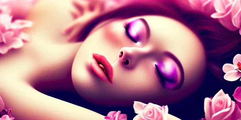 girl buried in flowers, dead, beautiful, eyes closed, laying down, close up