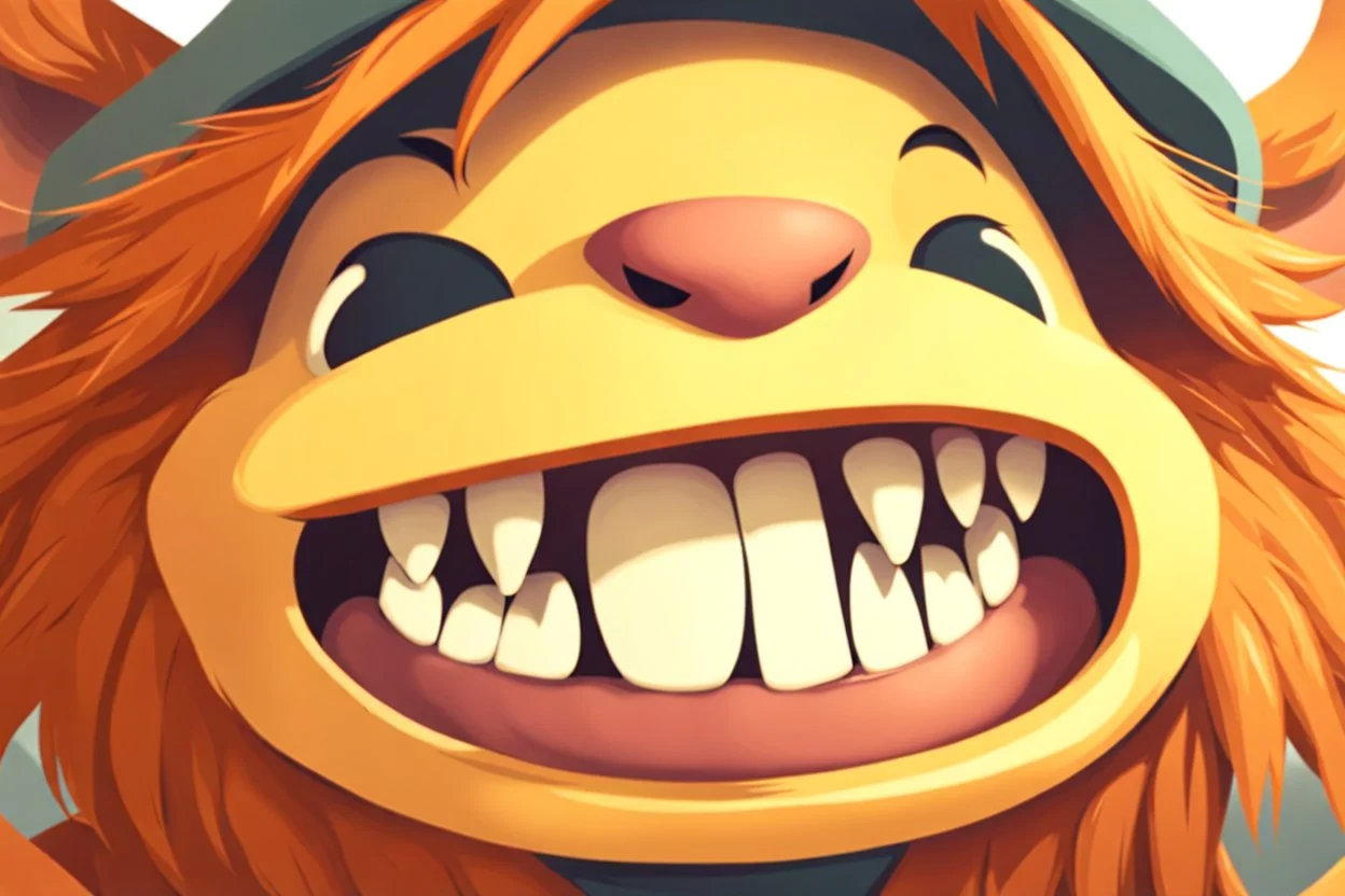 closeup on face of cute character with fur and big toothy grin, peculiar character style