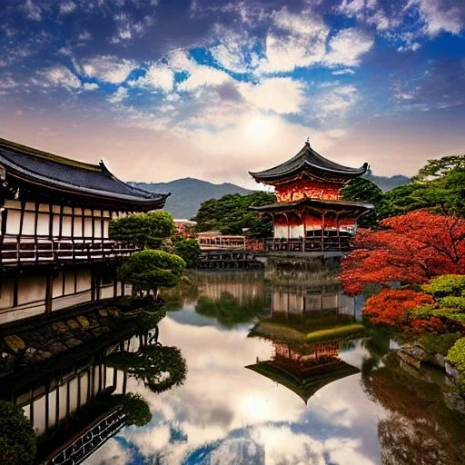 Kiyomizu-dera temple in front of reflective puddle of water and beautiful morning sky, mist, 8k, high-quality, ultrafine-detail, intricate, detailed matte painting, brian froud, howard lyon, anna dittmann, Greg Rutowski, alphonse mucha