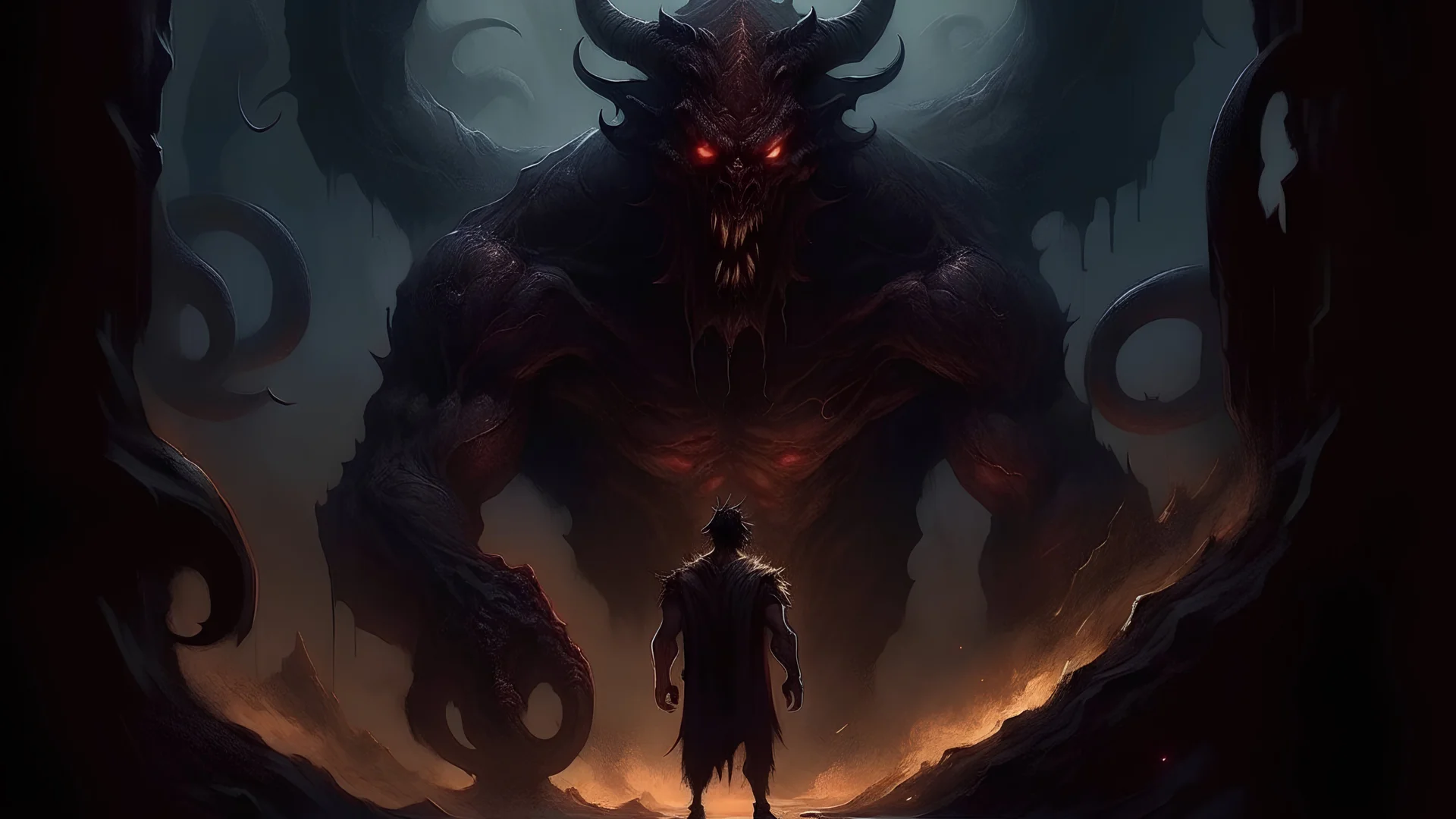 ðŸŽ¨ Take a look at this incredible artwork of a man fearlessly standing next to a menacing demon