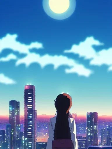 A girl, makoto shinkai style, anime, japan animation’s background, 80mm camera lens, wide angle, night view, city, building, edge, high detail