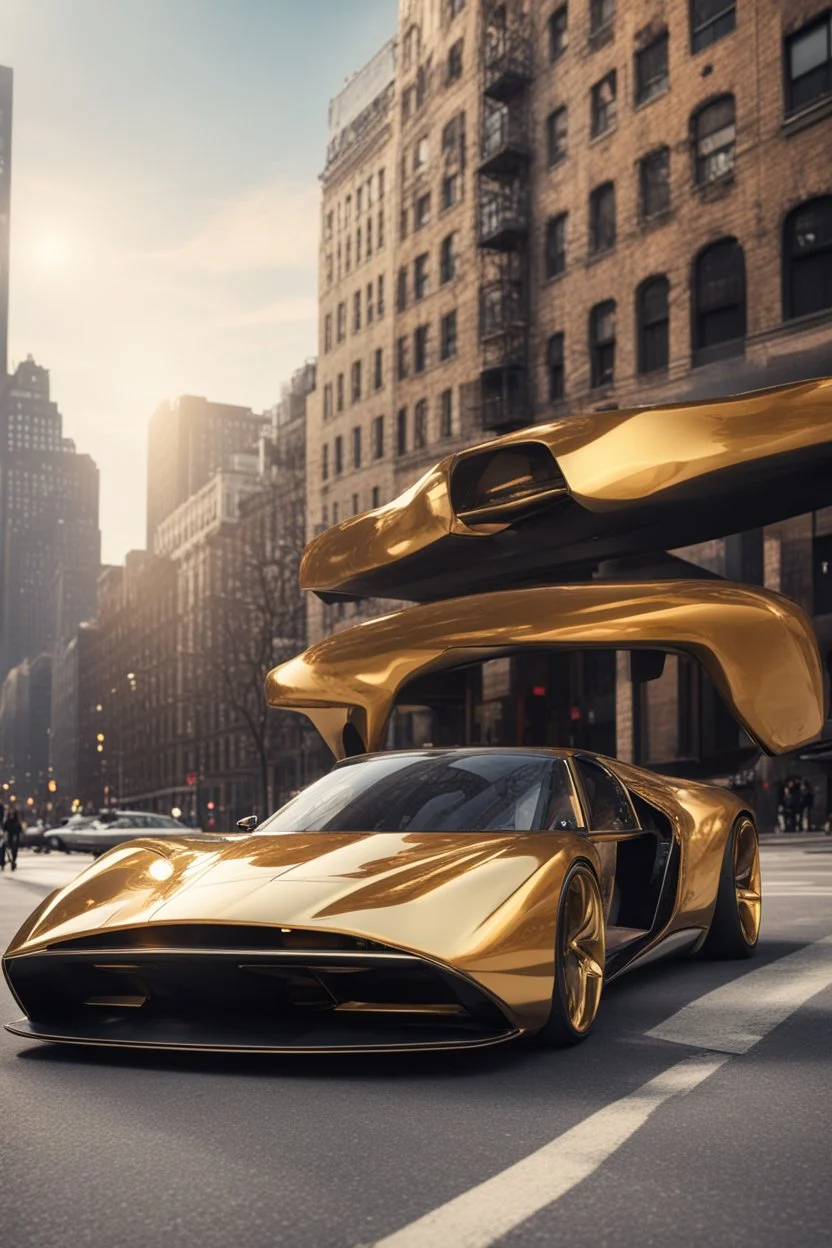 creates a concept supercar in '70s style with a retro-futuristic bodywork in gold and black on a street of New York, with a bright sky