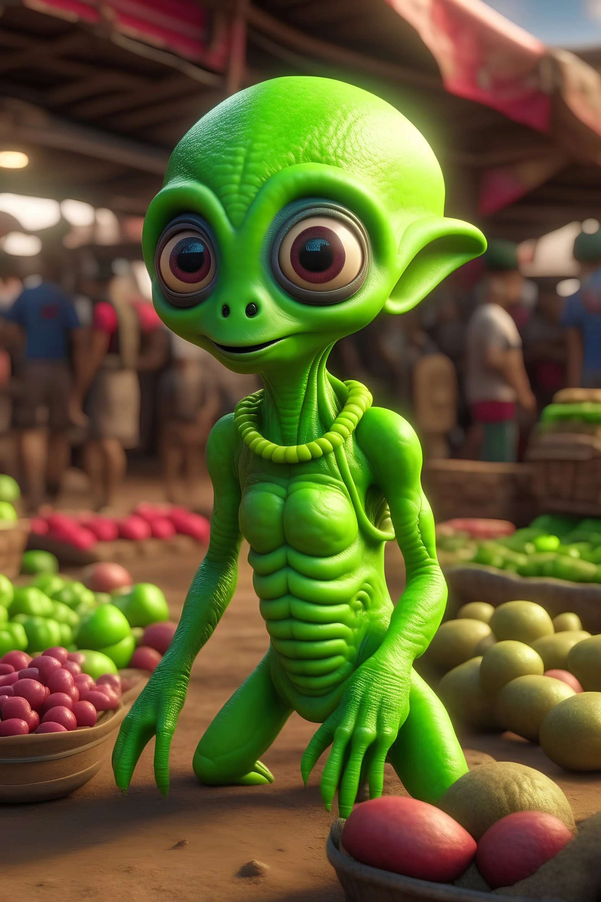 cute alien in indian vegetable market