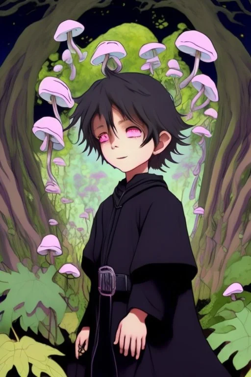 7 year old boy, friendly, looks dead, with weird mushrooms growing out of him, wearing black robes, in the style of anime