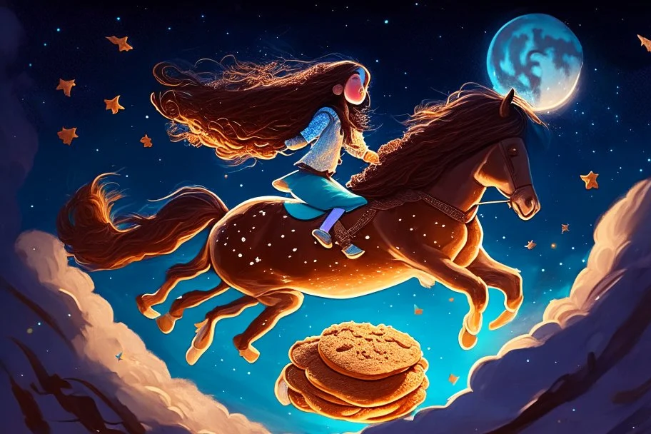 a long, brown-haired girl rides a horse dynamically across the night sky, leaping over a pile of different cookies. Shining moon, in starshine