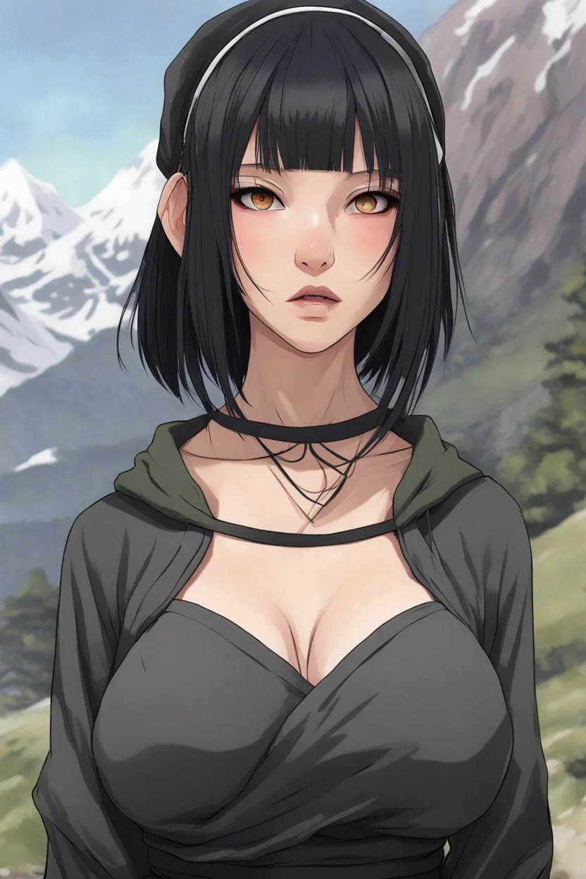 goth, croppedhoodie, underboob, mountainous horizon, 1girl, toph, bangs, black hair, blind, grey eyes, hair between eyes, hair bun, hairband, short hair, cropped hoodie underboob, cropped hoodieunderboobhoodie