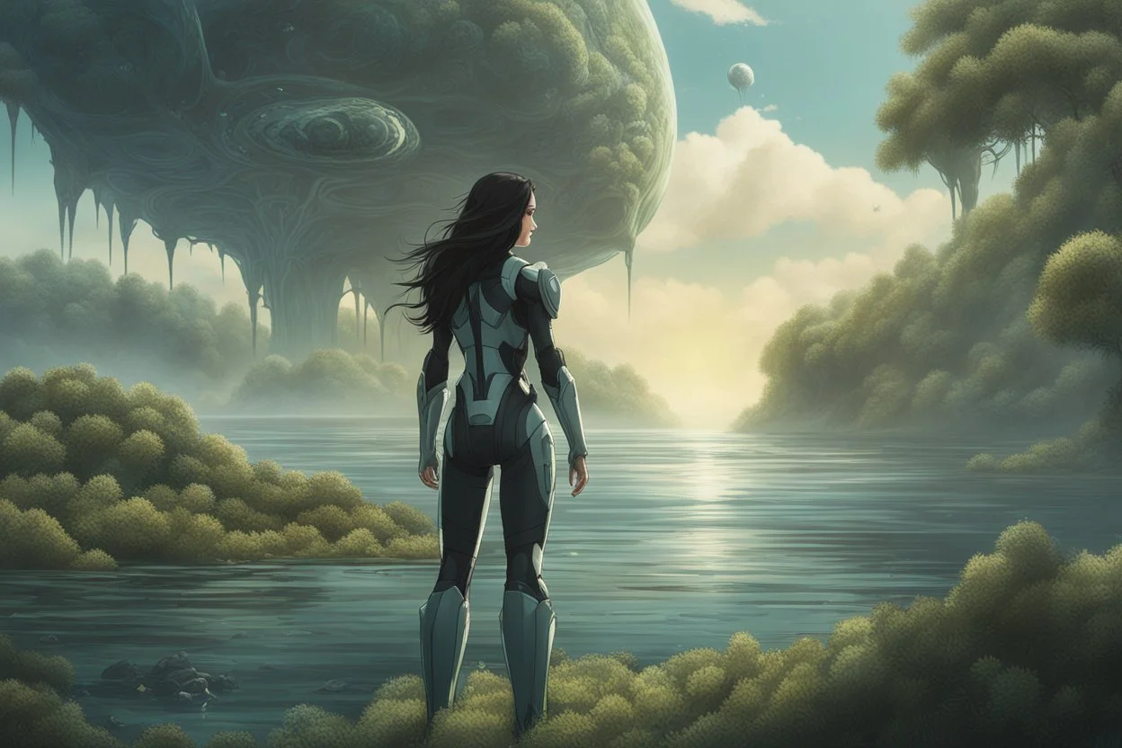 young woman in an android suit with dark hair, standing on the shore of an alien sea. Floating forests with dandelion tops in the distance