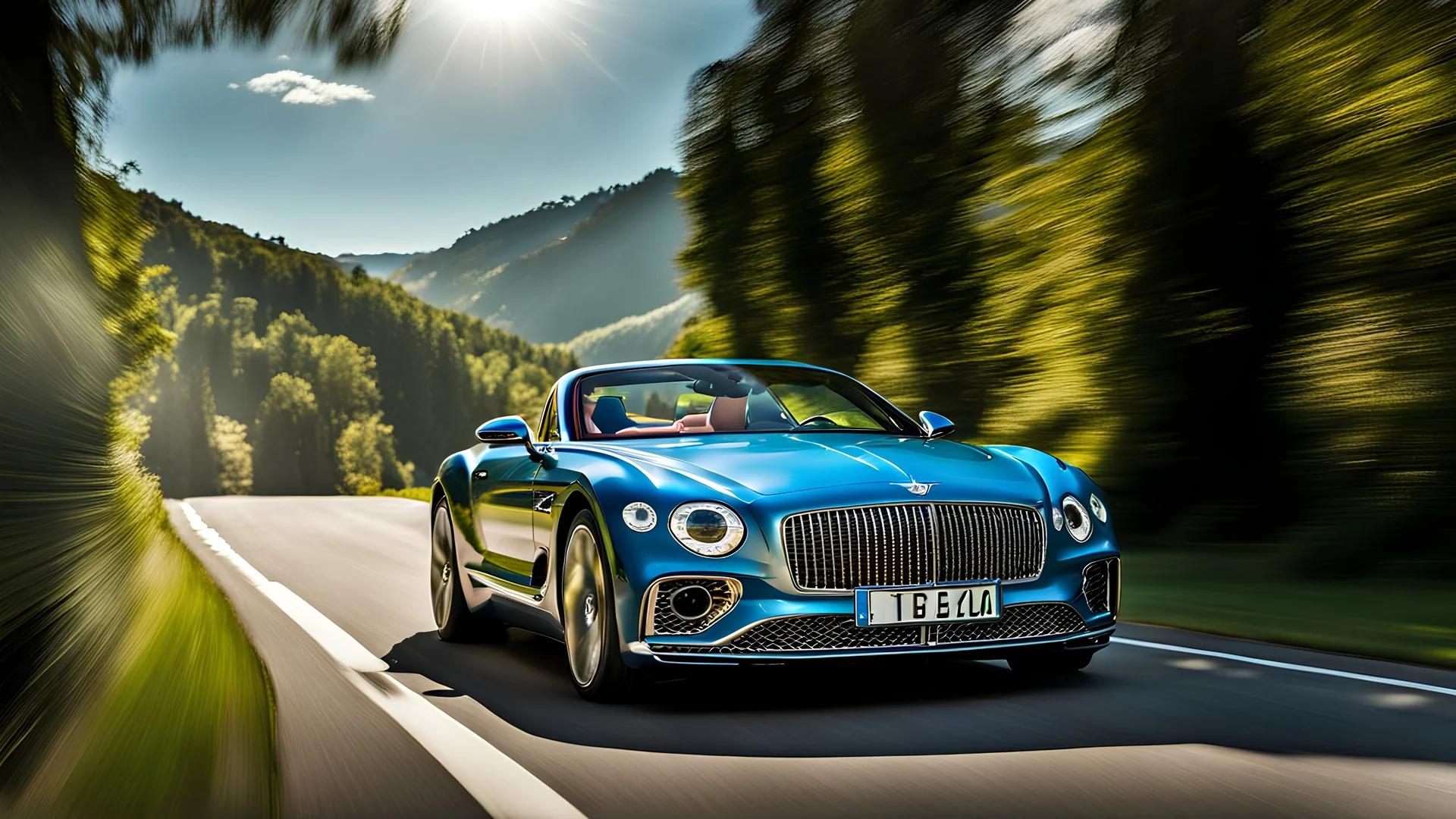 A sleek with livery (((bentley bmw))), its contours and details perfectly captured in a (((cinematic view))), zipping along a winding road under a beautiful blue fresh morning sky