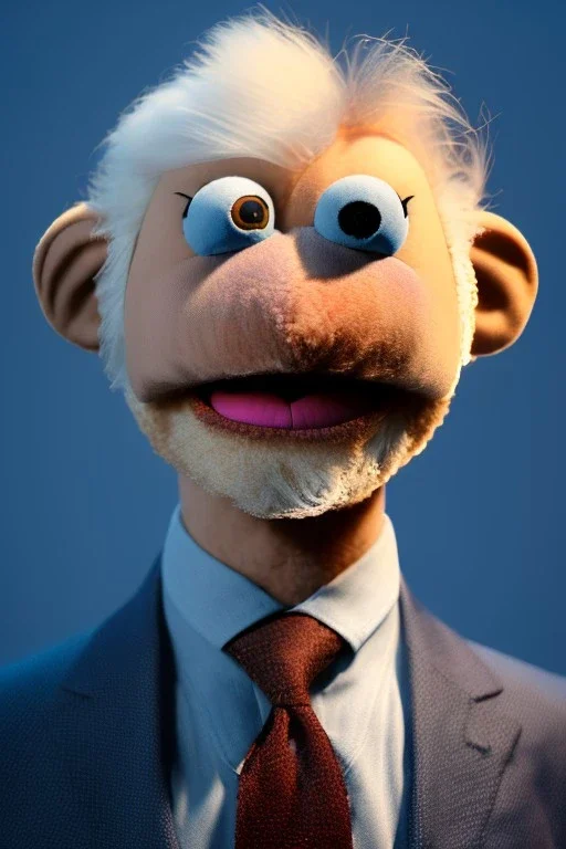 Waist up muppet Portrait, Vladimir Putin as muppet doll, blonde hair, Blue suit, photo studio, blue background, unreal engine 5, concept art, art station, god lights, ray tracing, RTX, lumen lighting, ultra detail, volumetric lighting, 3d.