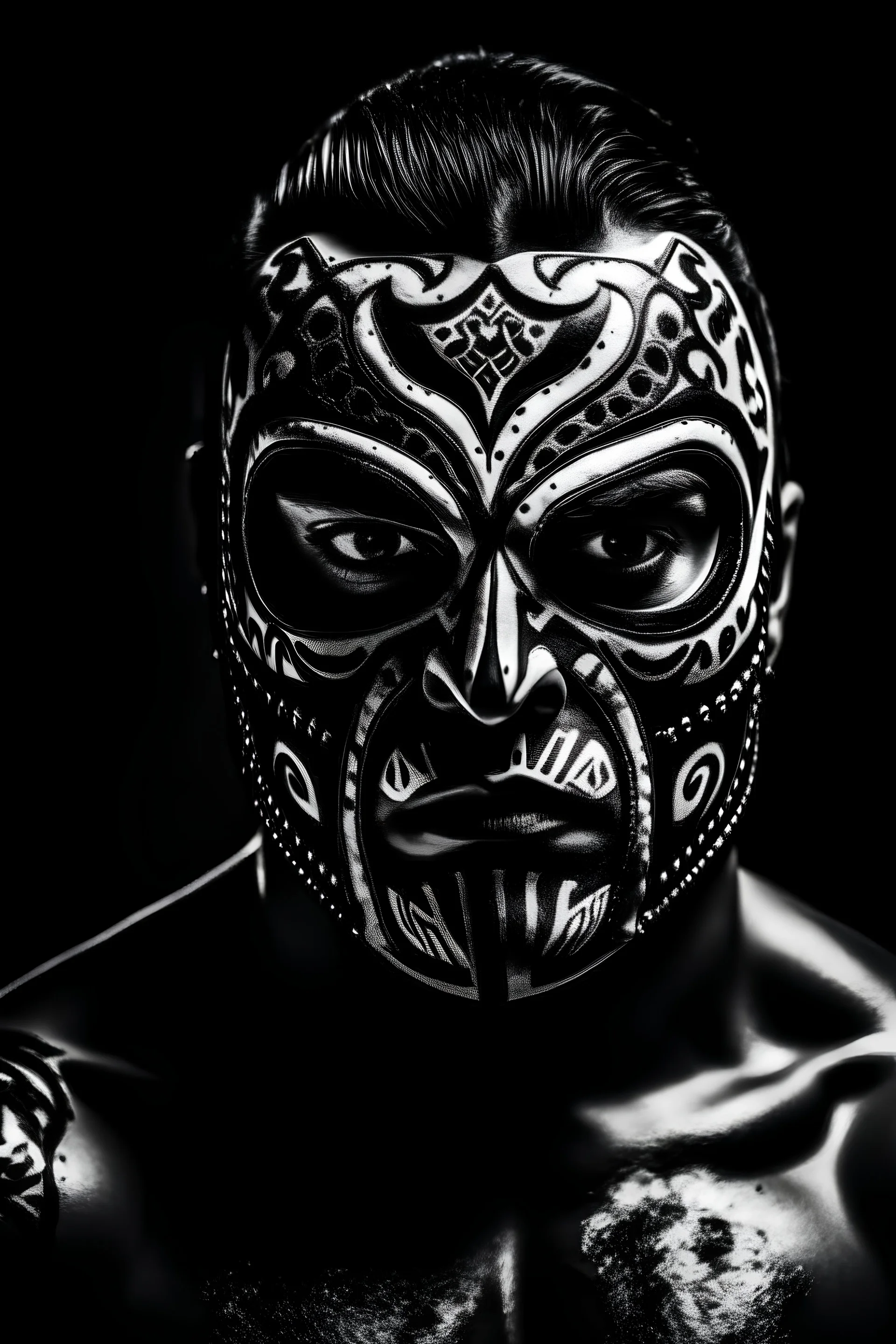 dramatic front black and white portrait of an angry mexican fully masked wrestler, black background, high contrast, realistic style, 4k, depht field