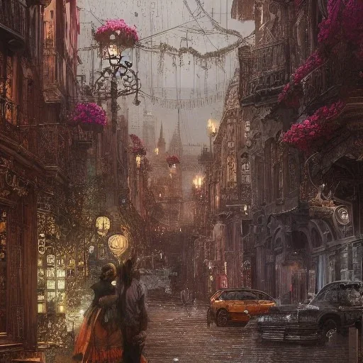 Insanely detailed photograph of an “portrait of gorgeous city” with intricate gears, intricate embroidered band, hyperdetailed painting by Ismail Inceoglu Huang Guangjian and Dan Witz CGSociety ZBrush Central fantasy art album cover art,8K, hdr, romantic, mysterious, ominous, flowers, jewelry, steam,oil,cafe