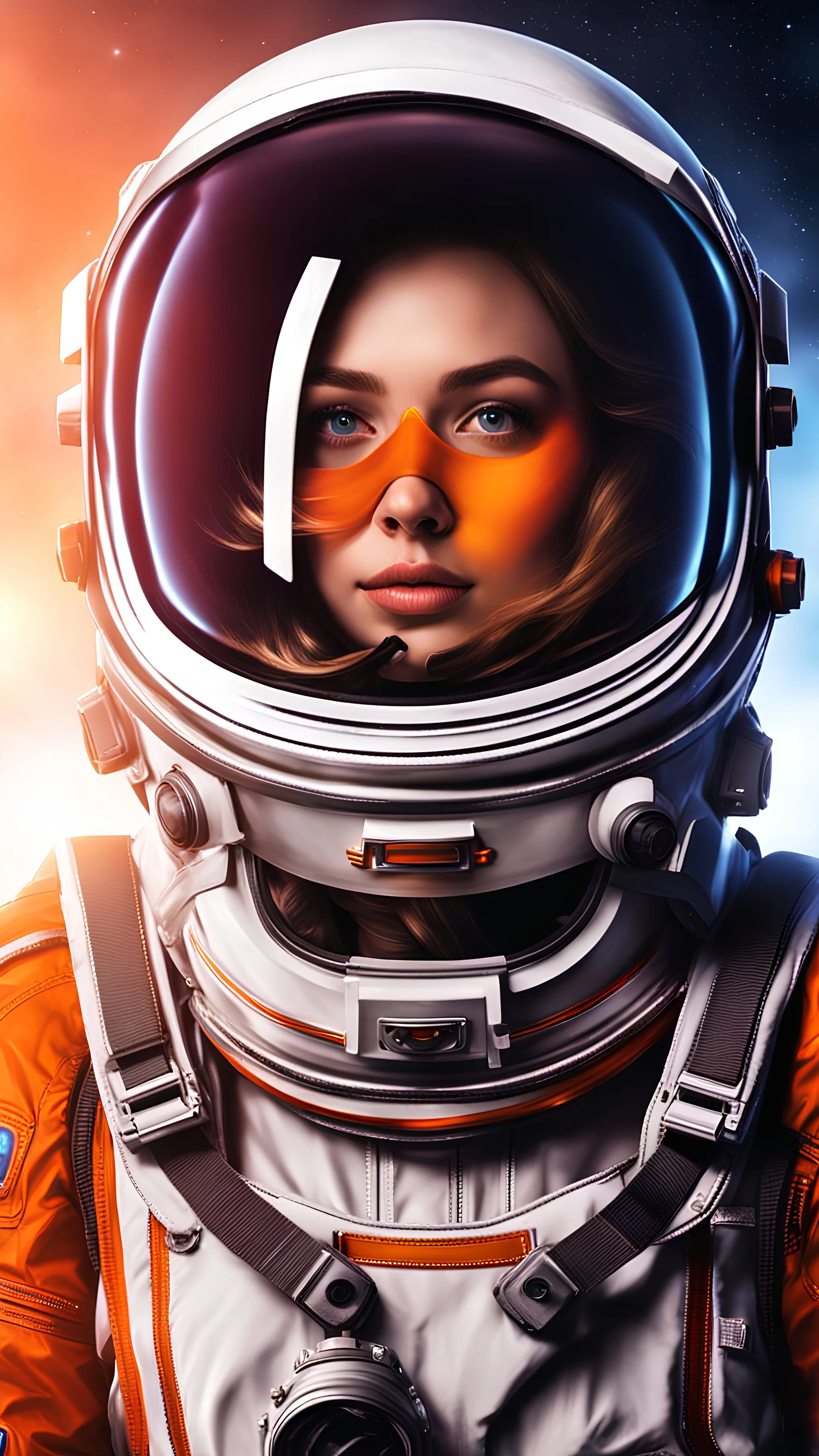 photo realistic of pretty girl astronaut wearing sufficient simple unique mask 70 percent mask of glass and the rest made of chromium metal one layer, color #edb00e, to see outside view of a planet some reflected, smooth mask no buttons nor gadgets, color gradient astronaut mask orange color, enhanced exposure lights, surprised with landscape emotional look delicate athletic body, futuristic appealing intricate meticulously detailed, volumetric lighting, 250 megapixels 8K resolution