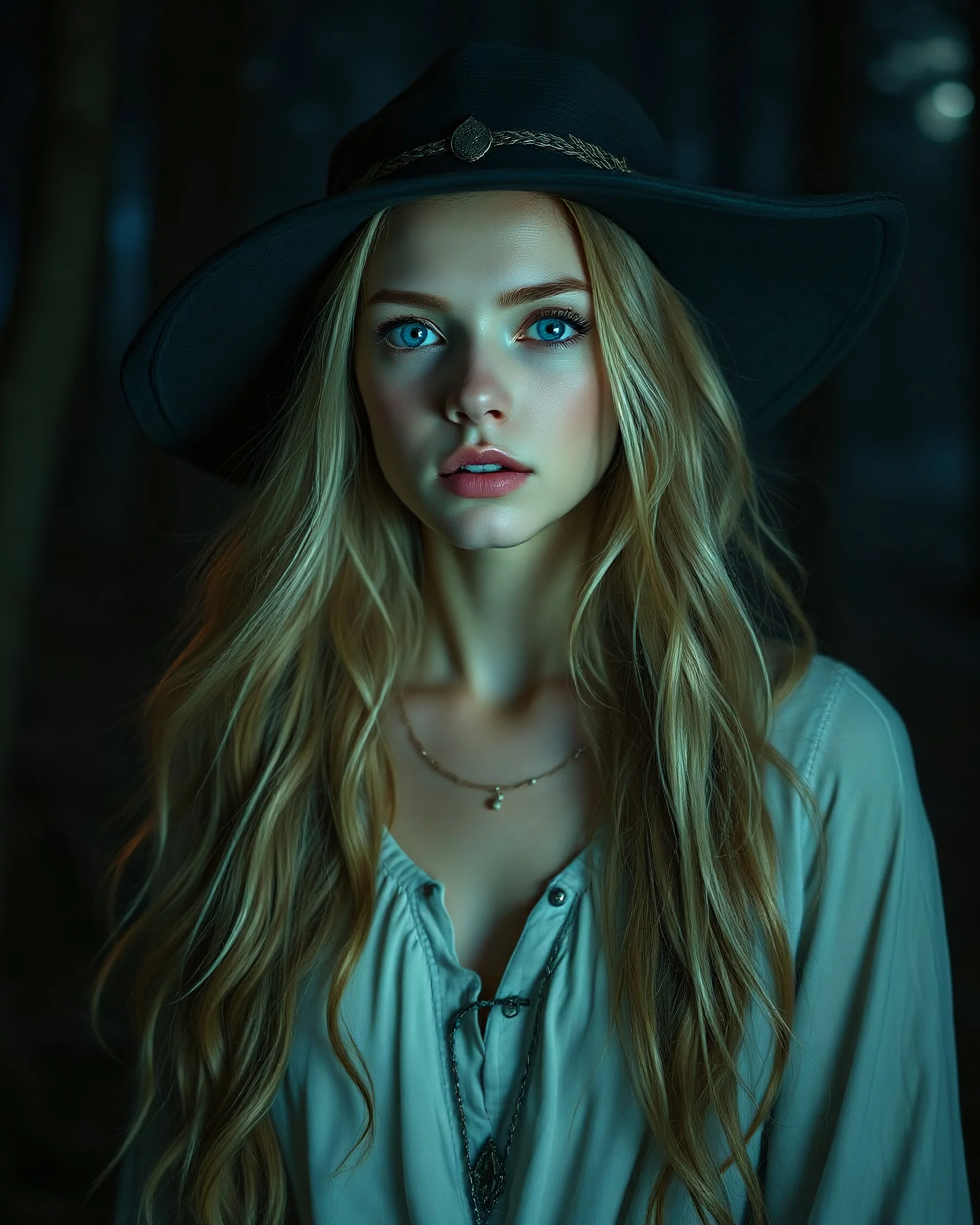 a gorgeous full body image of a beautiful witch with a natural face and no makeup, with soft facial features at night near a forest with long golden-blonde hair and sky blue eyes, wearing light as clothing, ethereal, gorgeous, dark, moonlight