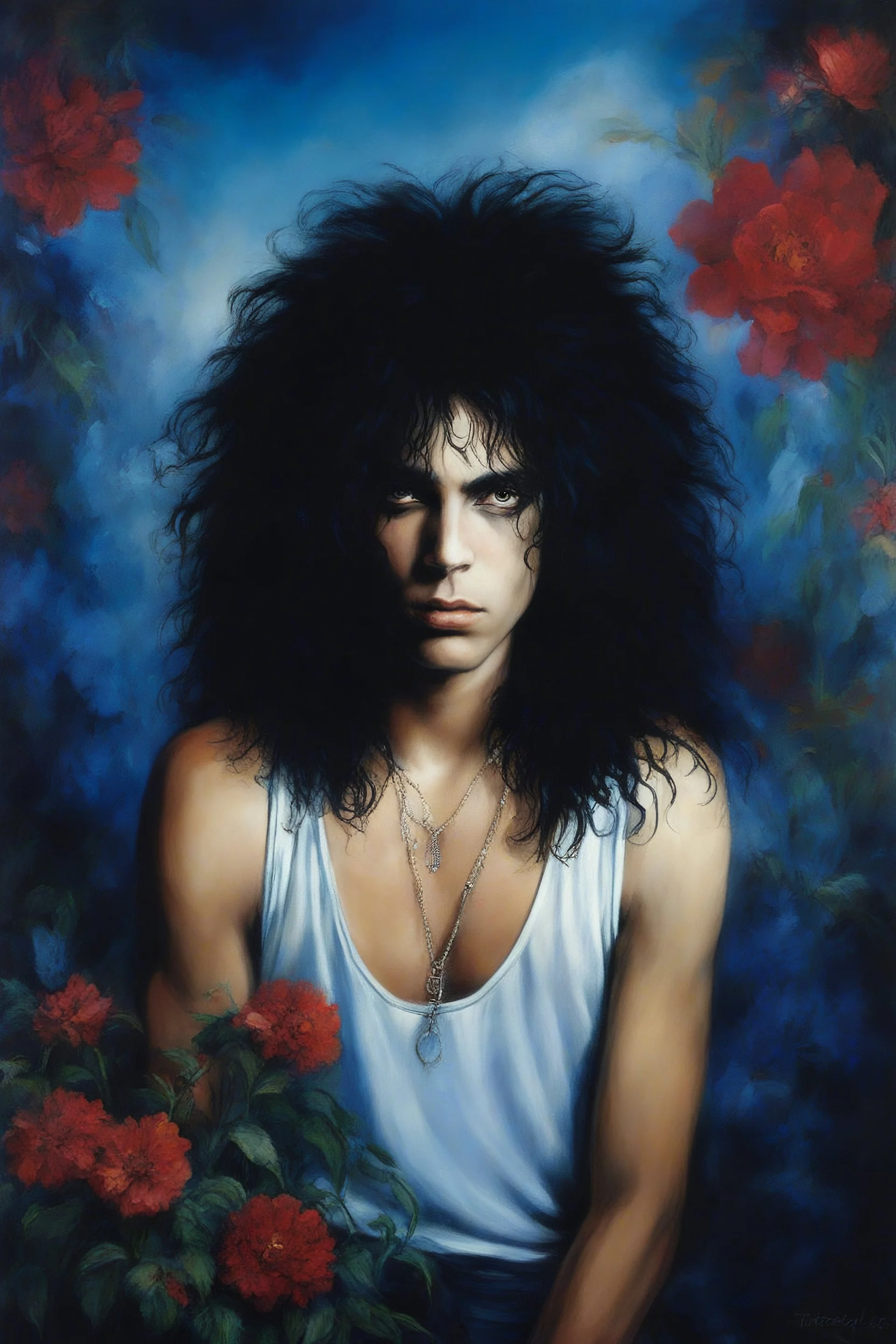 Chiaroscuro lighting, deep shadows, rich deep colors, facial portraits, 1980, 16-year-old Paul Stanley, ((1980's big hair, long, teased up Spikey Motley Crue style hair)), black hair, facial portraits, foggy, cloudy blue wall with assorted designs and multiple floral arrangements in the background, 4k, 8k, 16k, 32k, 100k UHD, Ultra-Hyper Resolution, dark, sultry eyeshadow, eyeliner, mascara, rouge, lipstick, from the rock and roll band KISS