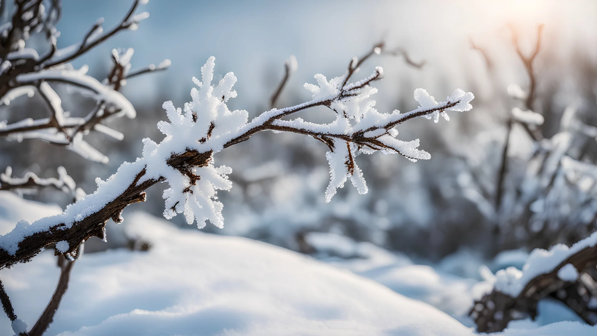 Frozen landscape, snow and ice on a branch