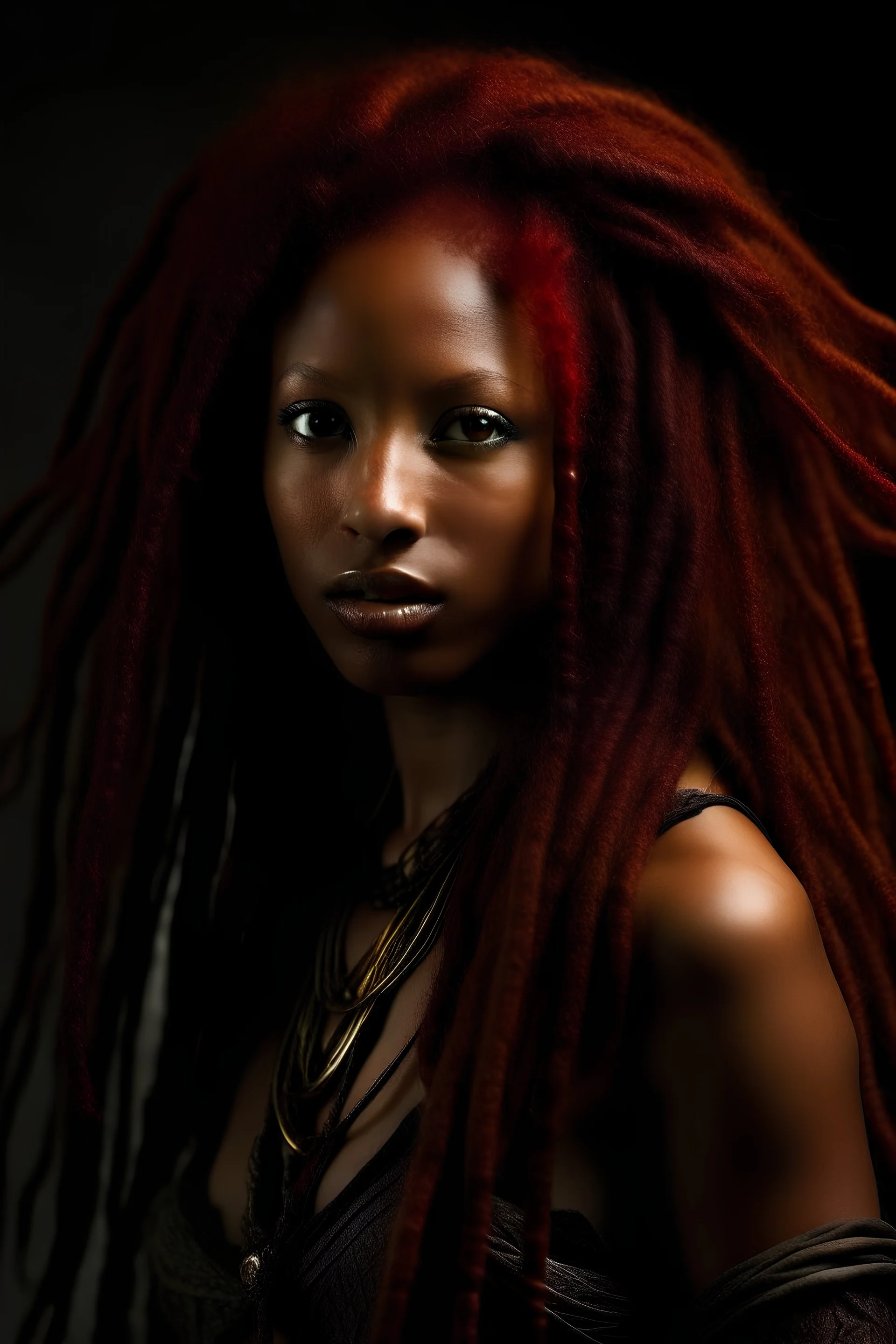 Photo style Fantasy dark skinned red sonja ginger dreadlocks