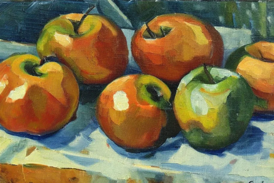 Abstract impasto oil painting of an apples on a table cezanne