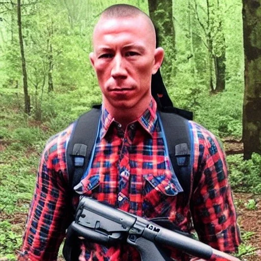 Georges st pierre with a red plaid shirt, a backpack and a gun in the forest infested by zombies