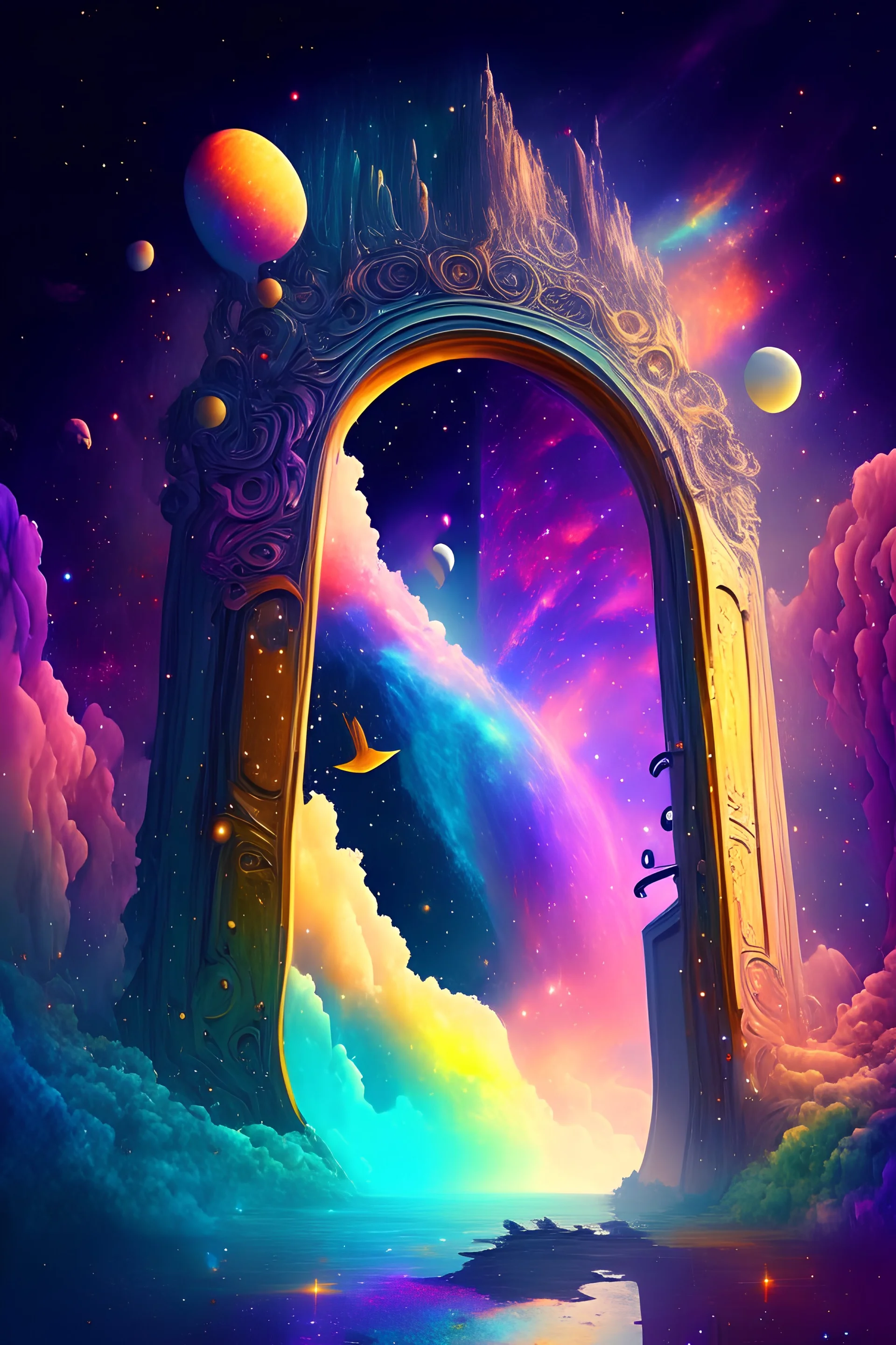 Fantasy gate floating in the colorful universe