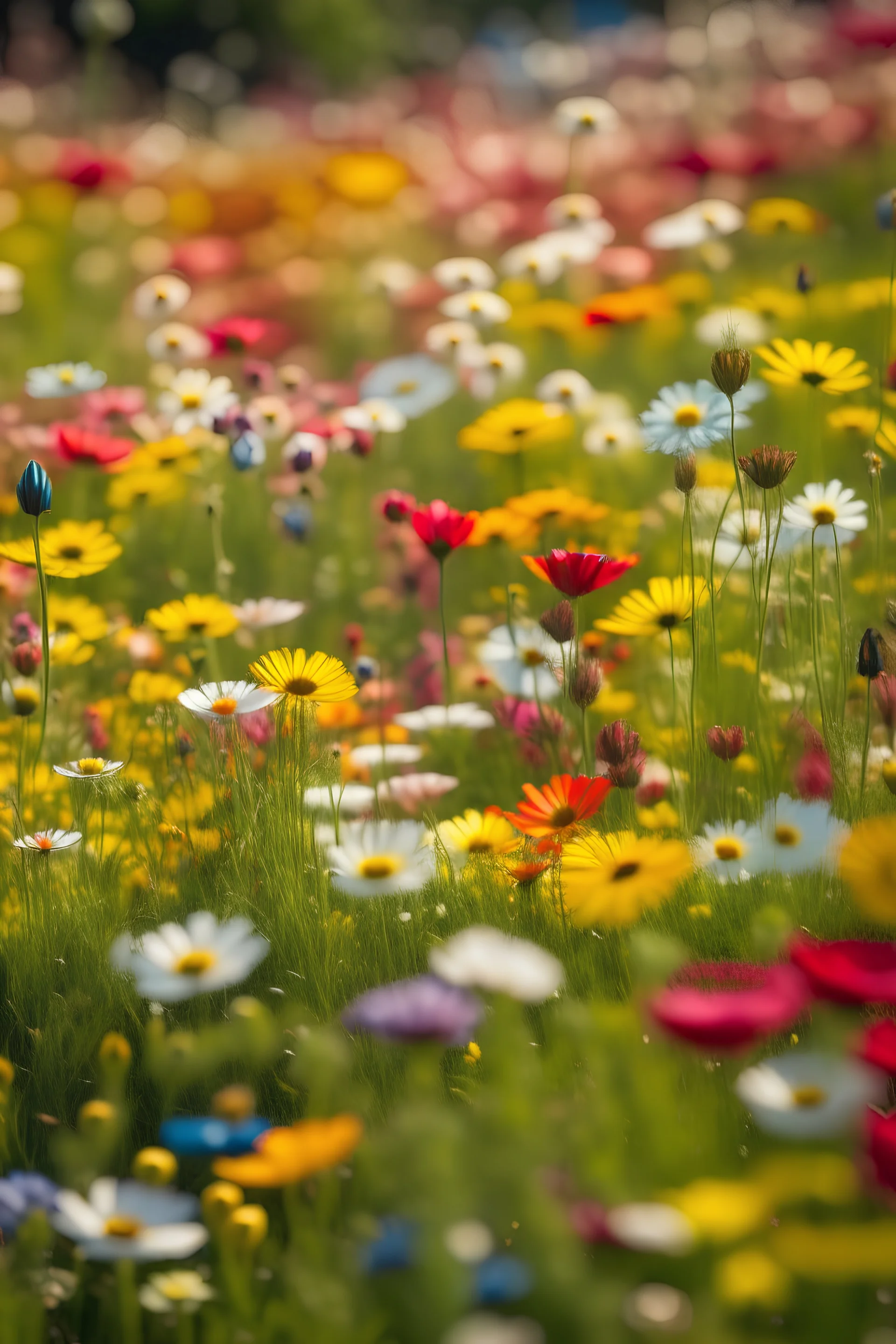 A field of wildflowers in full bloom, creating a kaleidoscope of colors under the bright sunlight. Ultra Realistic, National Geographic, Fujifilm GFX100S, 100mm telephoto lens, f/5.6 aperture, afternoon, macro, Provia 100F film