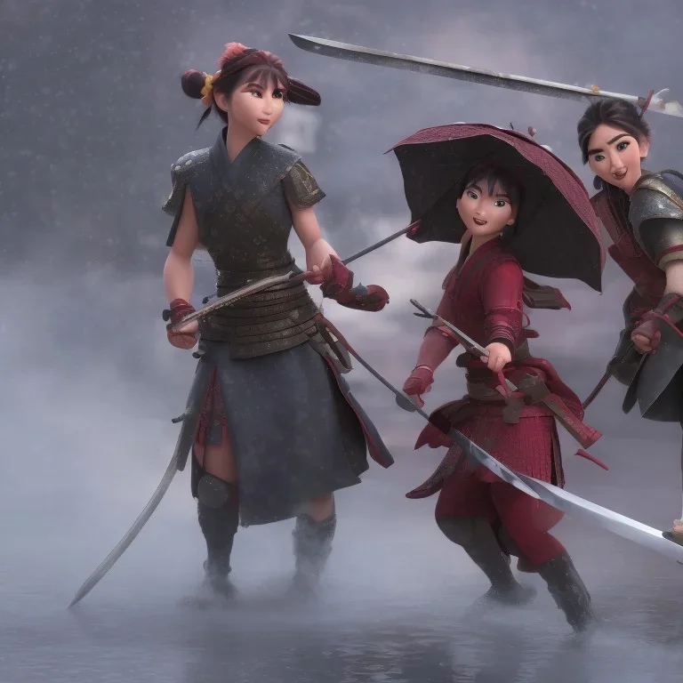 2 samurai girls with sword fight in rain, xtreme detailed, photorealistic, 4k