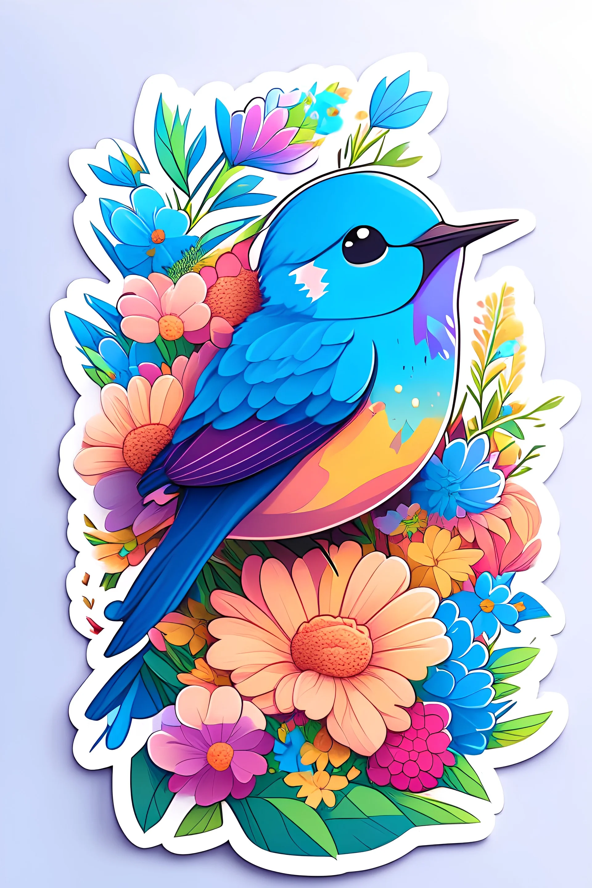 STICKER, A detailed illustration a print of vivid cute blue bird with flowers, floral splash, rainbow colors, t-shirt design, in the style of Studio Ghibli, splash in vibrant colors, 3D vector art, cute and quirky, Adobe Illustrator, hand-drawn, digital painting, low-poly, soft lighting, bird's-eye view, isometric style, retro aesthetic, focused on the character, 4K resolution, using Cinema 4D.