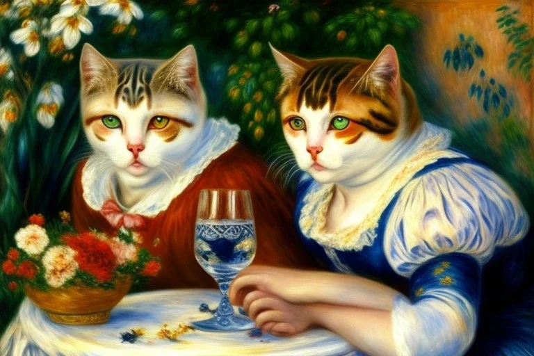 Two cats on a terrace. Auguste Renoir. Perfect brown eyes with perfect iris, perfect pupils.