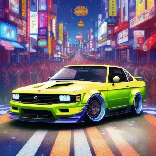 volumetric japanese city environment and background, ultra realistic pop-art illustration, highly detailed digital painting of illegal street drifting in japan, underground jdm scene, d1 grand prix, nissan, mitsubishi, neon, secret location, toyota, honda, subaru, highly detailed, smooth, cinematic, high contrast, realistic shaded volumetric lighting, 8k, tokyo drift, after the rain, reflective ground, octane render, smoke, hyperrealistic, vitality japanese colours, uhd, concept art by sam curry