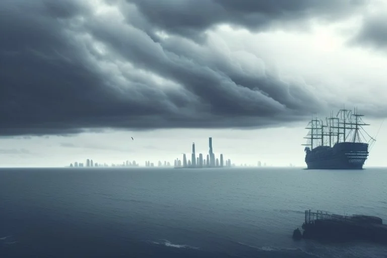 Cloudy day, distant city, ships, epic