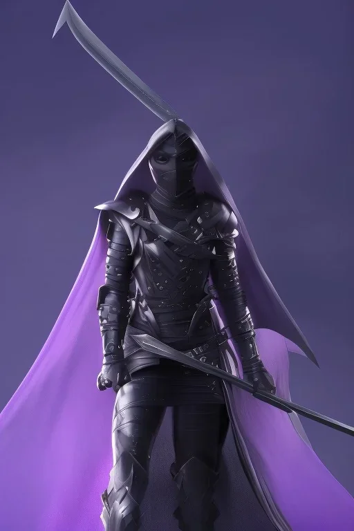 girl in futuristic black and purple ninja armor, cloak, two swords, glowing purple armor, fighting pose