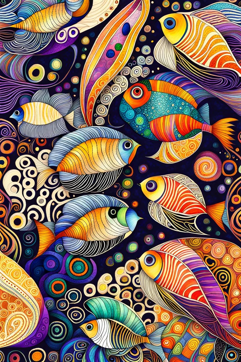 random color Zentangle patterns in the styles of Gustav Klimt ,Wassily Kandinsky, Paul Klee, and Kay Nielsen that depict a school of Flame Angelfish