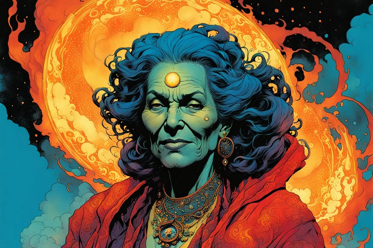 create an imaginative print illustration of an aged and withered female, ornately dressed Moroccan sorceress with finely detailed facial features, wreathed in a maelstrom of fire, in the comic book art style of Bill Sienkiewicz, Mike Mignola, and Jean Giraud Moebius, finely textured, drawn, colored, and inked