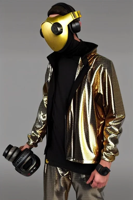 Metallic Cyber-punk style man with a web-camera-mask and old AKG-style headphones with golden rings. Large fencing mask covers man's cheeks. Man in good body shape. Reflective plastic body jacket full-coverage. Body and head full of integrated old-fashioned cameras and an old telephone. Perfect body. Euclidean 3D-tiling, Escher tiling, background. Cables. Yellow latex areas. Daft Punk, Matrix movie black leather jacket with a Hood. Silvery black leather surfaces body. 1990's