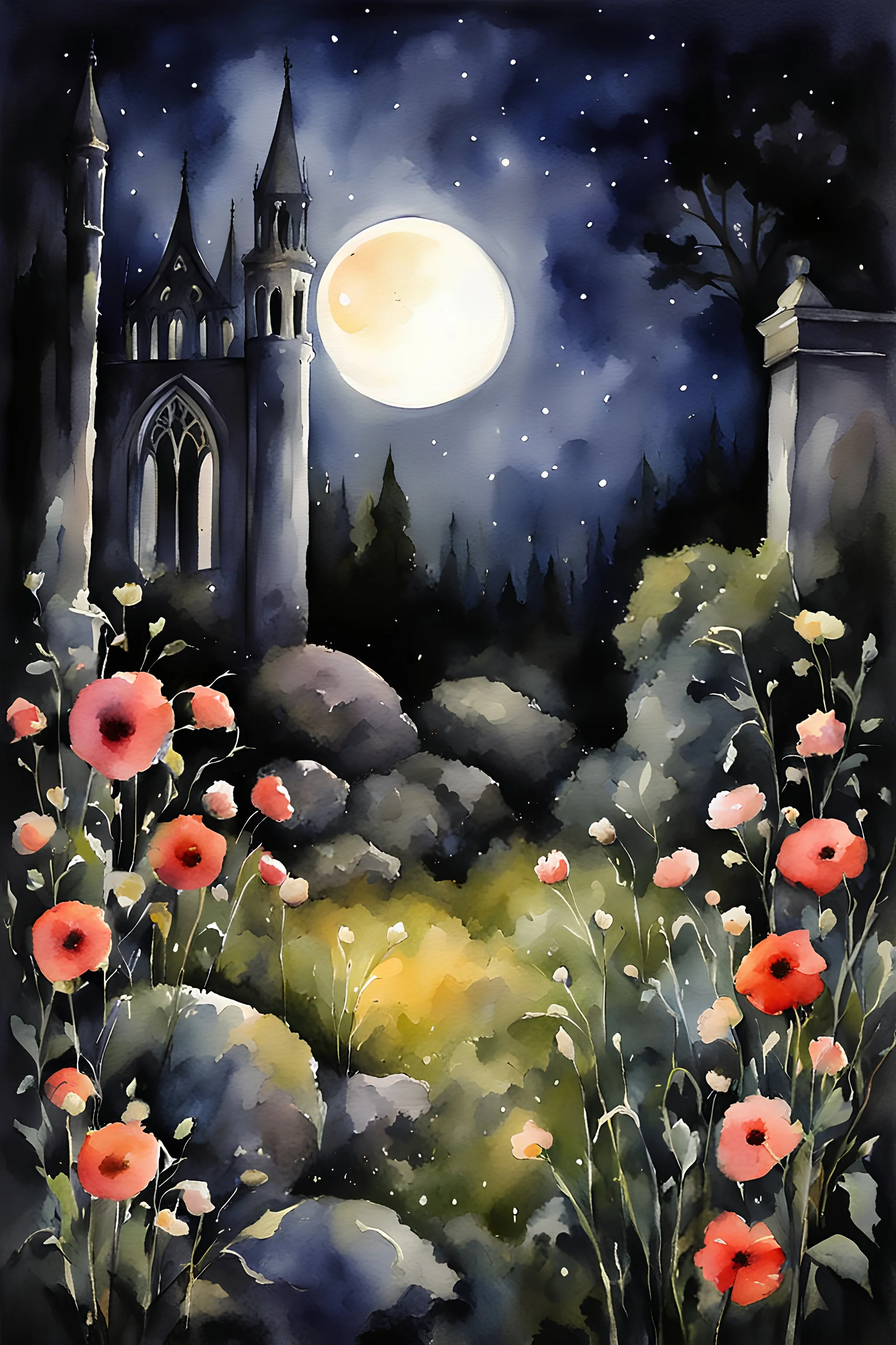 night, flowers, rocks, gothic, watercolor paintings