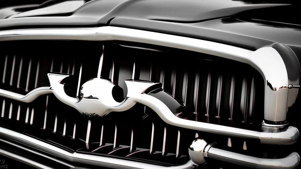 Photograph of a the front grill of a gorgeous, expensive, oldschool black muscle car with a big, black front grill, realistic, stylish, taken up close from the front of the car.