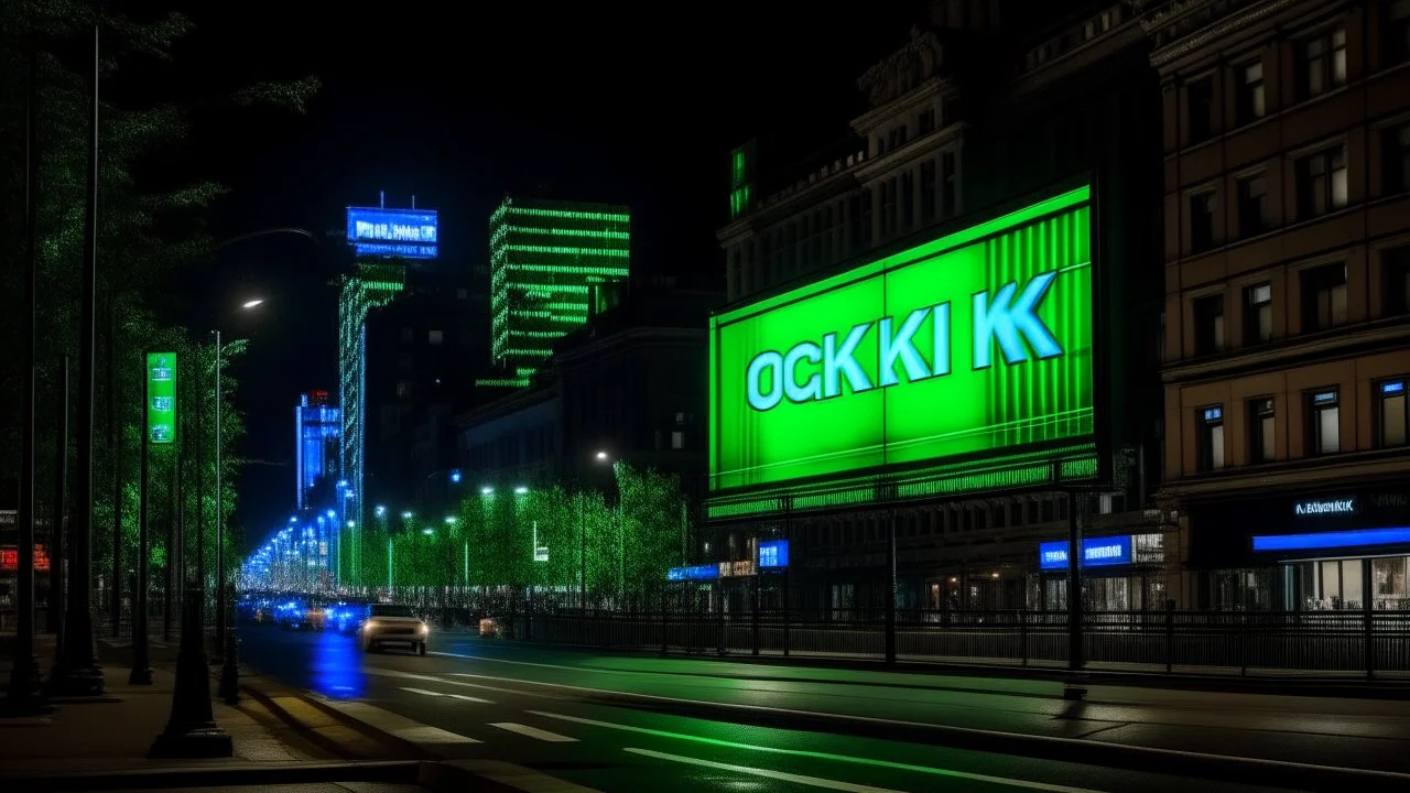 a billboard branded writing ODK , with neon light green and white , in the city center, at night . At Montréal