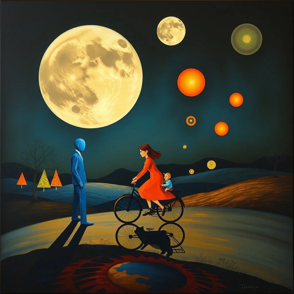 create a surreal night painting inspired by Salvador Dalí, non-human geometric figures of blue father, orange-red mother, and small baby riding a bicycle, abstract triangular trees and floating circles glowing in the dark, large segmented moon dominating the sky, dreamlike reflections on the ground, painterly surreal textures --ar 16:9 --v 7 --style 4b --q 2