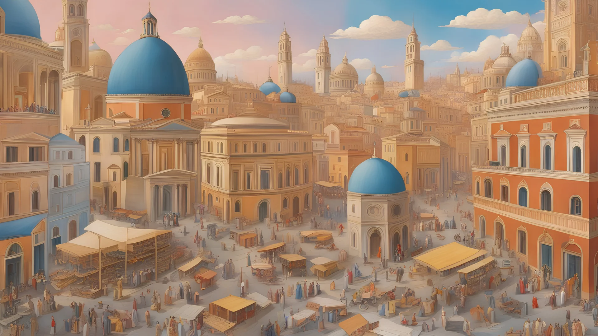 Hyperdetailed modern busy city in Fra Angelico style