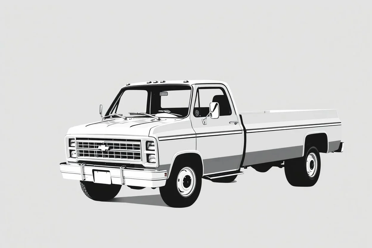 1970s Chevrolet square body truck facing a little to the left, gray background, high contrast black and white vector