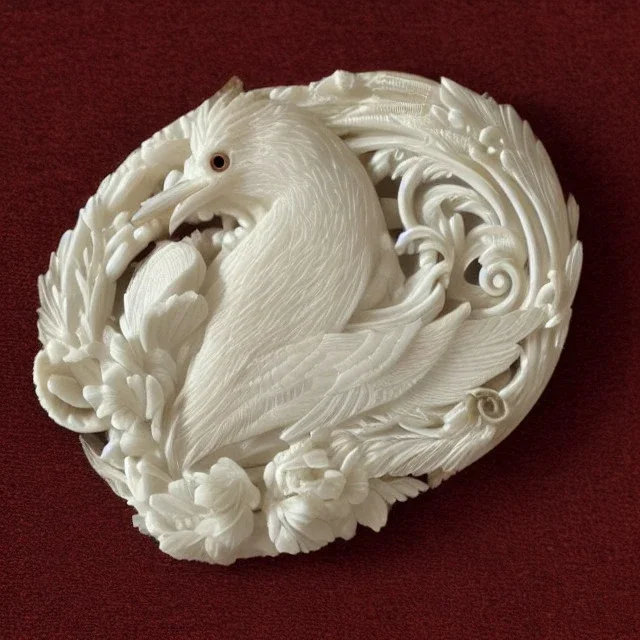 ivory brooch of a kingfisher, decorative design, classical ornament, highly ornate, highly intricate, highly detailed etching, marble carving, warm lighting, linen backdrop