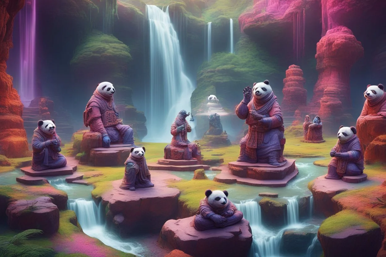 archeologists discovering space panda ninja people worshipping statues and idols, on a strange planet with weird colors and waterfalls