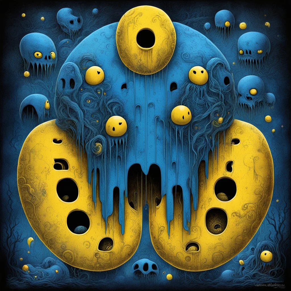 Dramatic movie poster art for blockbuster horror movie for "PACMAN" by Zdzislaw Beksinski and Alexander Jansson, Sinister Pac-man avatar and evil video game motifs, digital illustration, Lovecraftian Pac-man ghosts, surreal horror, text: "PACMAN", poster art, yellow and dark_blue color scheme