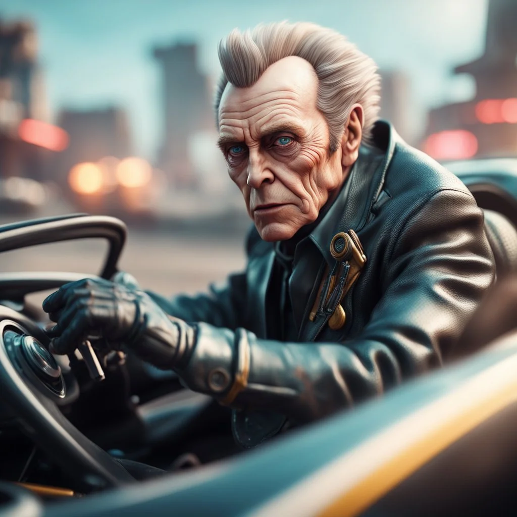 airbrush with pen outline, close up portrait of cool space pimp Walken gremlin in high speed stunt car action scene, wearing driver gloves, in the style of a fallout 4,bokeh like f/0.8, tilt-shift lens 8k, high detail, smooth render, down-light, unreal engine, prize winning