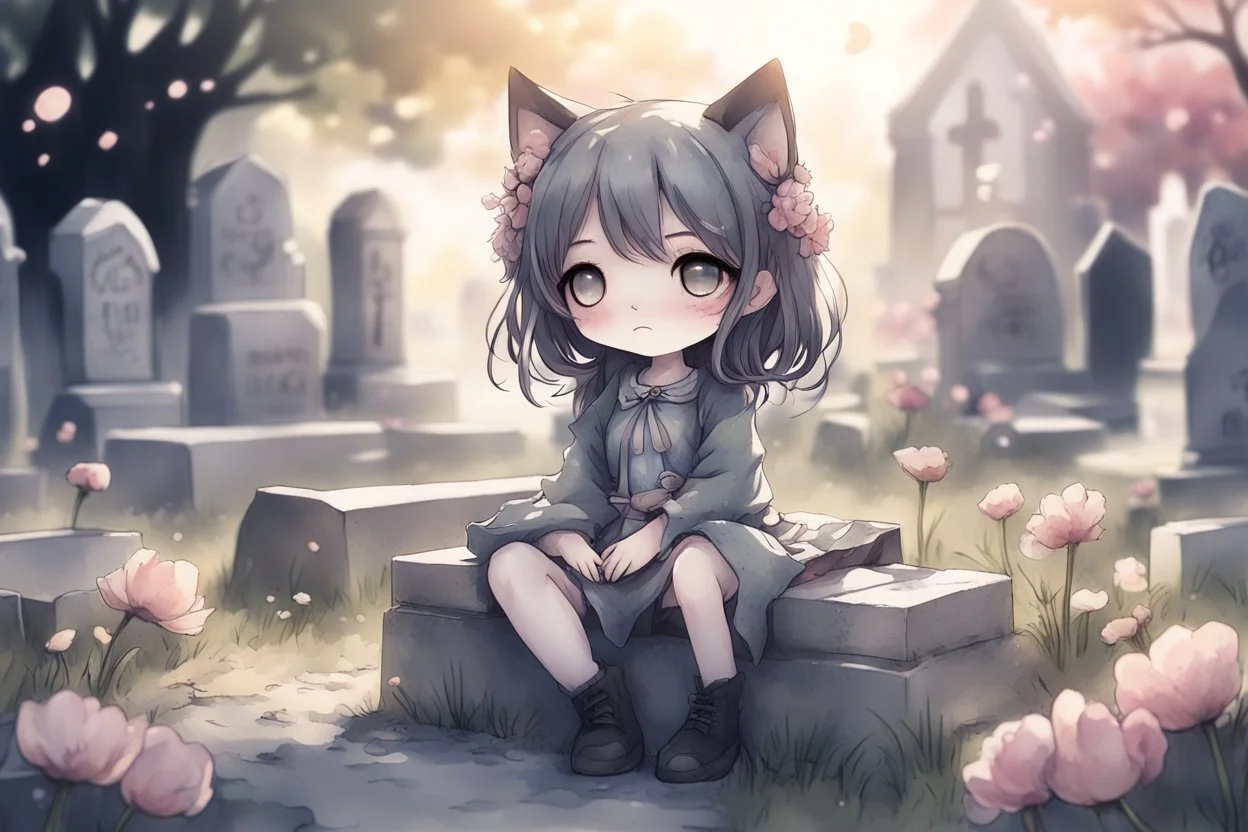 cute chibi anime cat girl in the graveyard, sadly sitting next to a grave, flowers in her hand in sunshine, melting watercolor and black ink outlines on wet paper, shading colors, soft strokes, ethereal, otherwordly, cinematic postprocessing, bokeh, dof