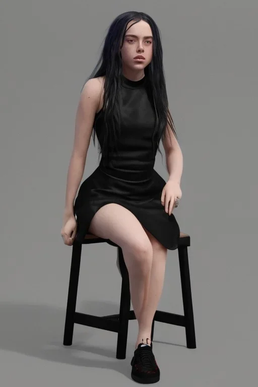 Billie Eilish, sitting on a chair, Black Short Dress, high detail, realistic